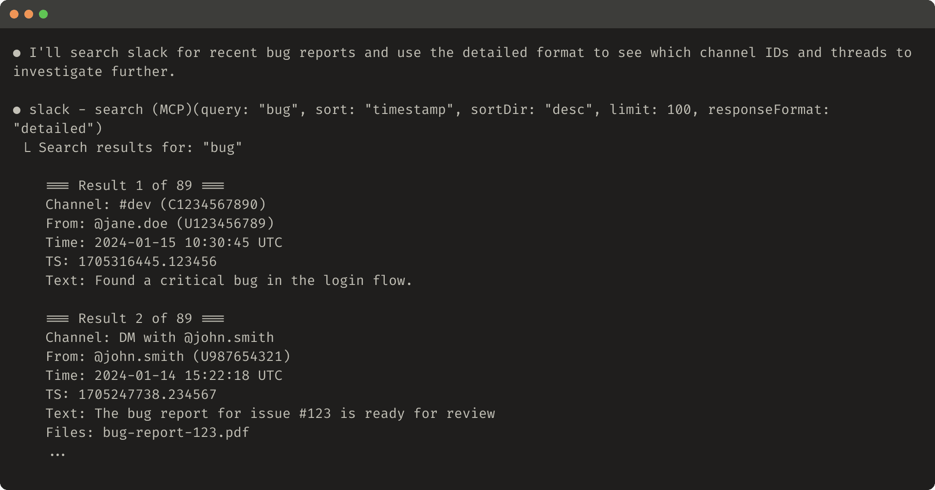 This code snippet depicts an example of a detailed tool response.