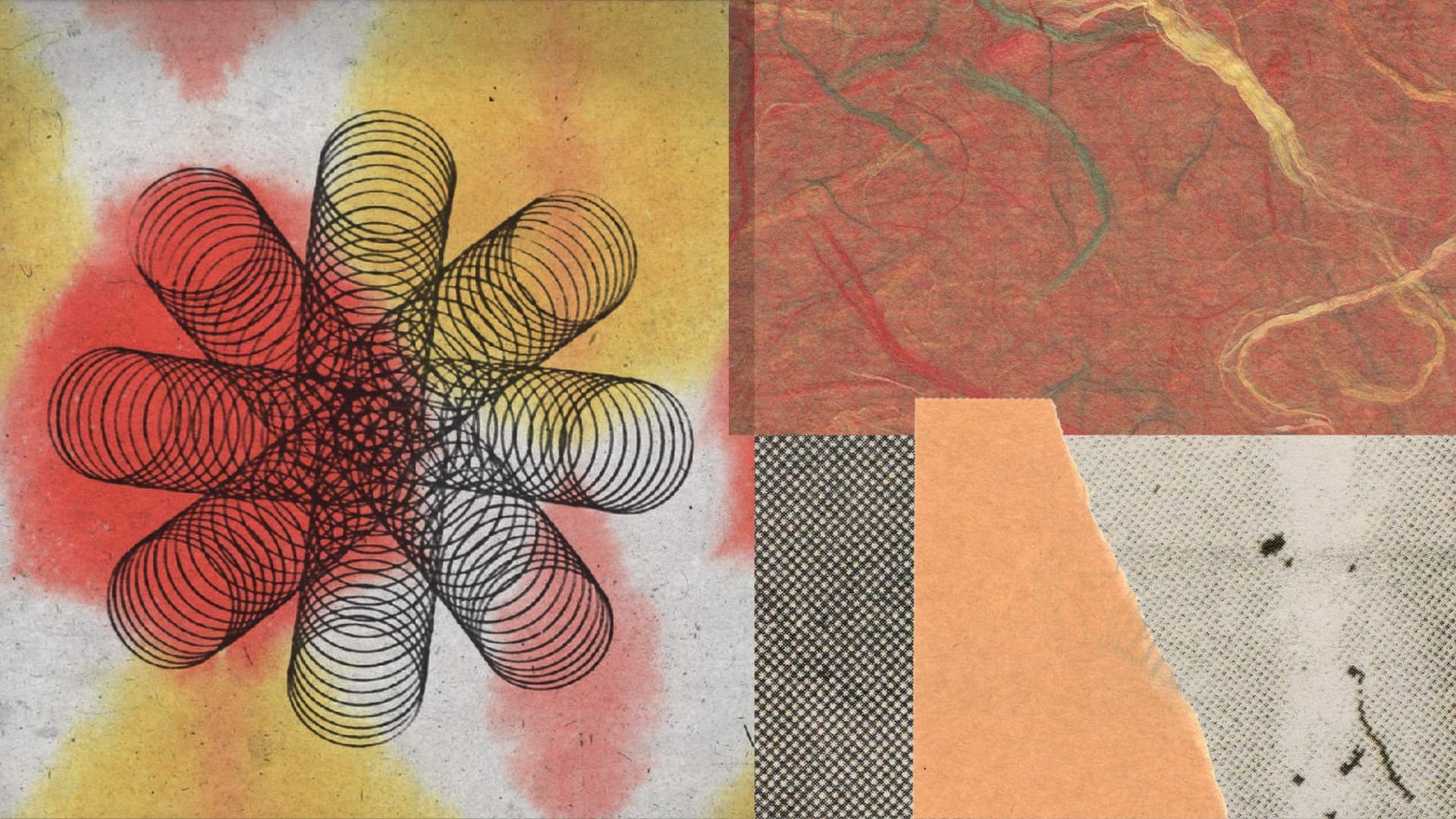 Abstract illustration with a circular spiral pattern in red and yellow on the left, and geometric shapes with textured backgrounds on the right.