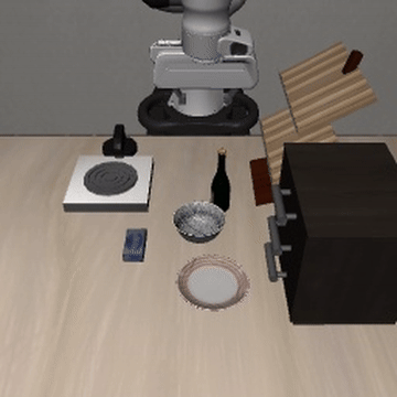 Rendering of an AI model manipulating a simulated robotic arm. The robotic arm reaches down, picks up an object, and moves it to a pedestal.